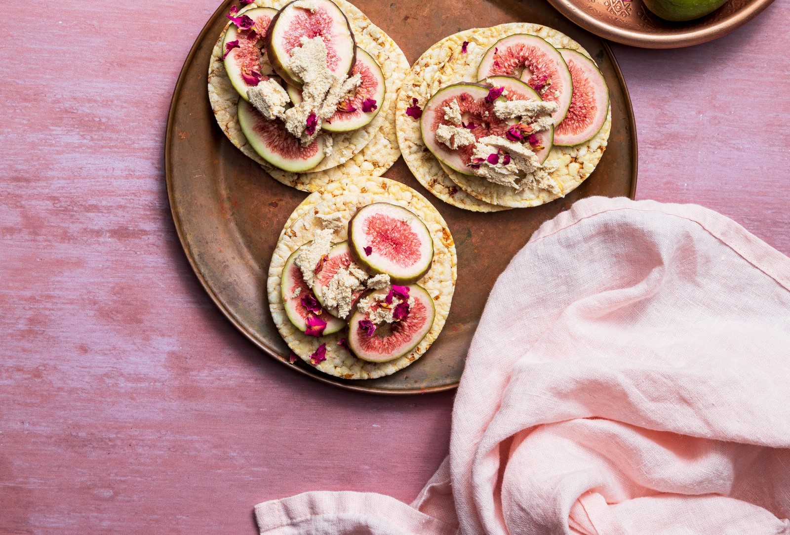 Fig, Halva & Rose Petals on Corn Thins slices