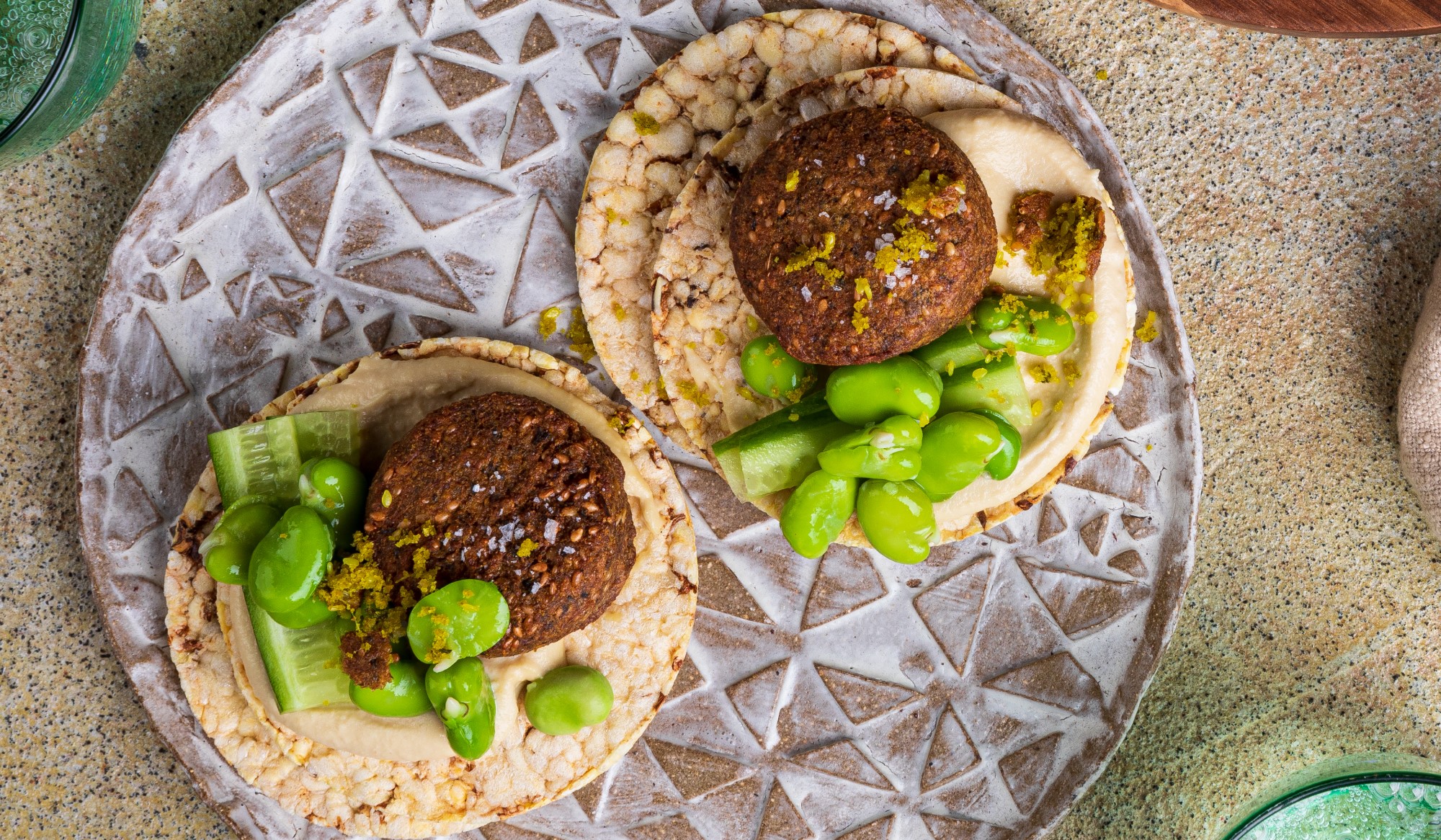 Hommus, Falafel, Cucumber & broad bean on Corn Thins slices