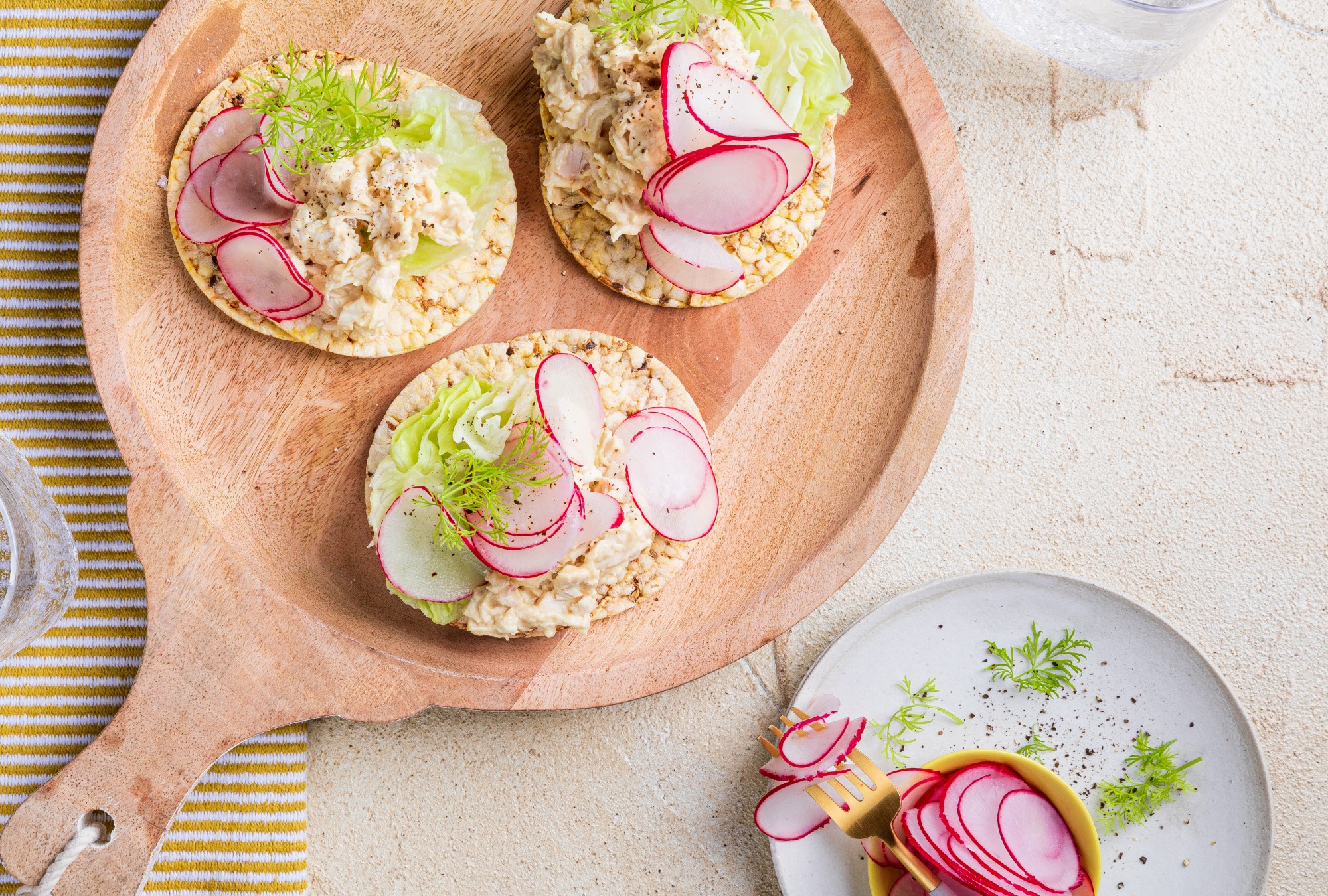 Mustard Mayo Chicken, Radish & lettuce on CORN THINS slices