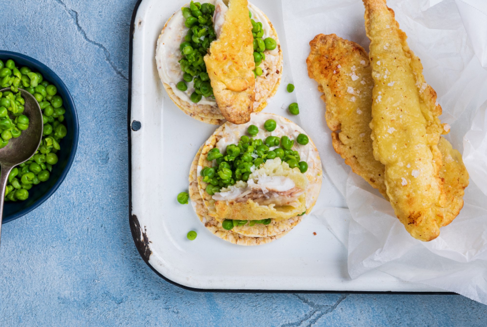 Battered Fish, Mushy Peas & Tartare Sauce on Corn Thins slices