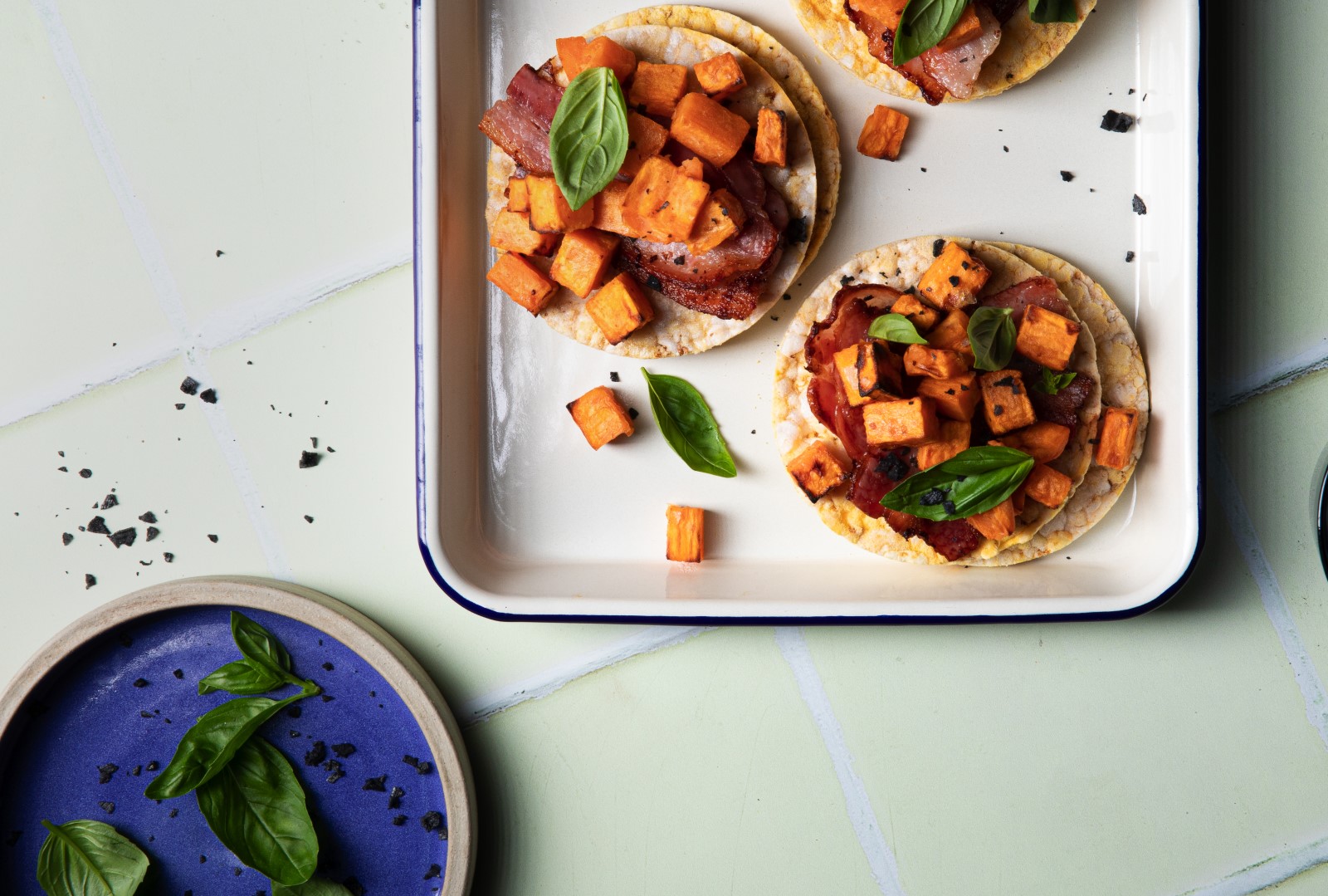 Bacon, Roast Sweet Potato & Basil on CORN THINS slices