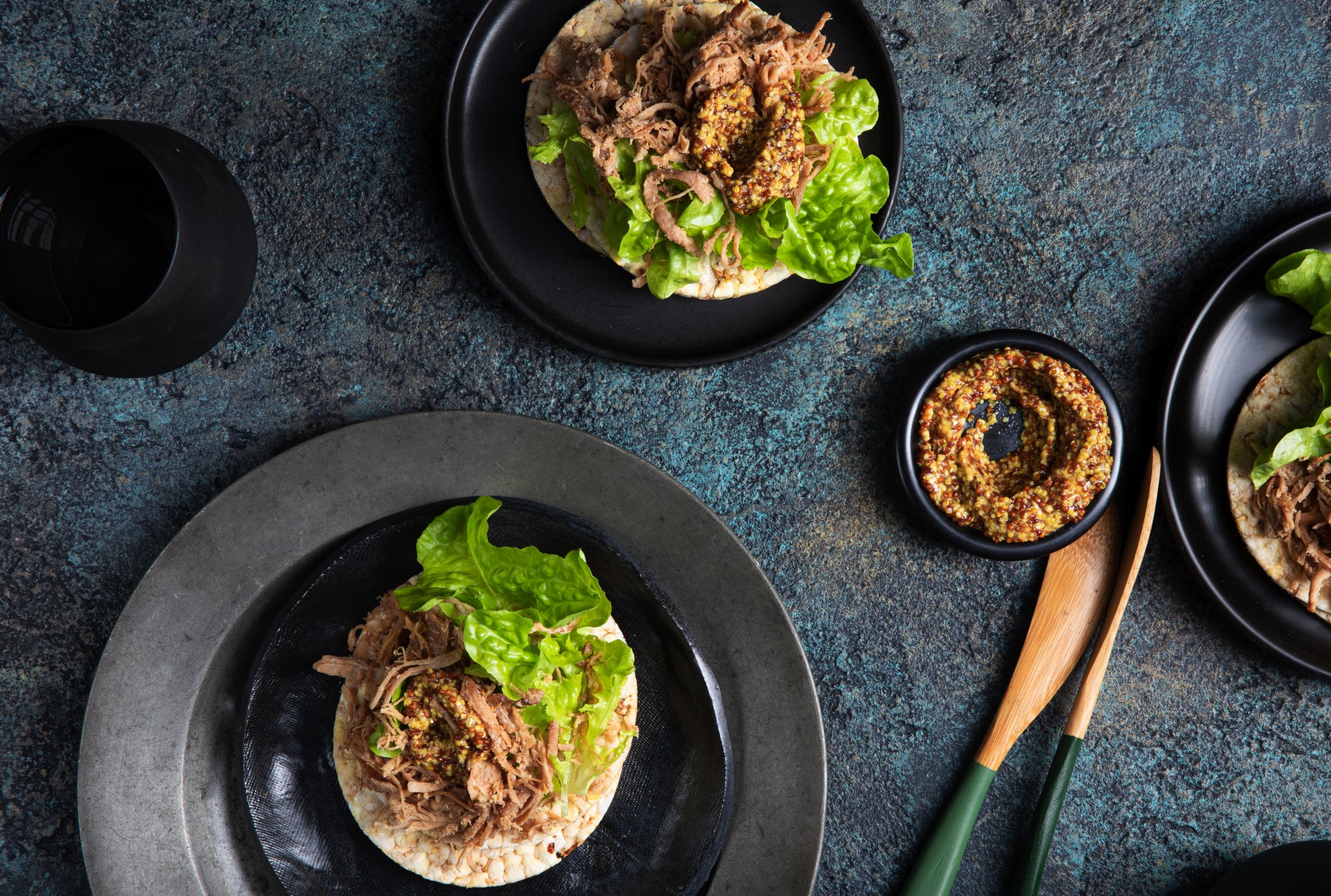 BBQ Pulled Pork, Lettuce & Seeded Mustard on CORN THINS slices