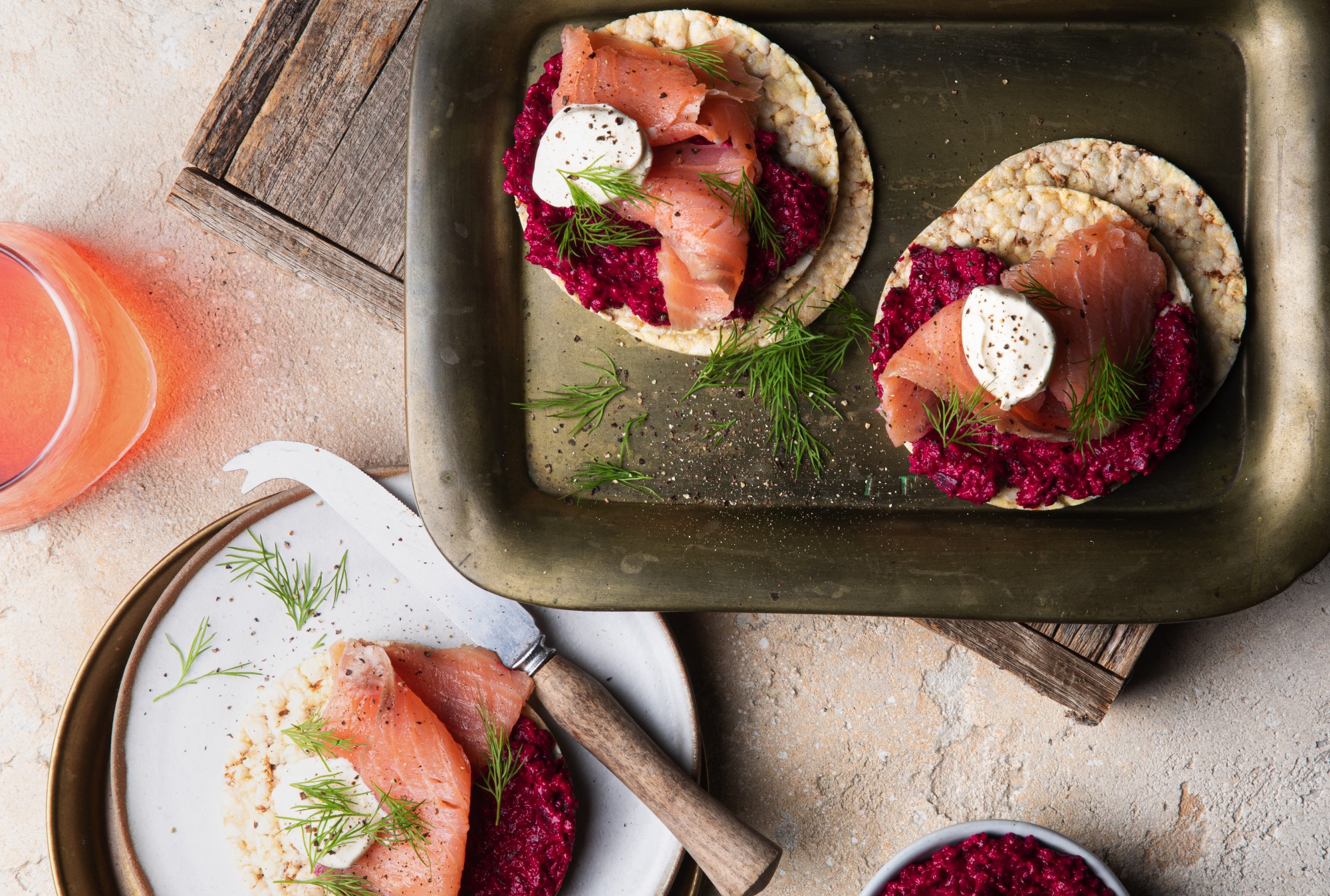 Roast Beetroot Dip, Smoked Salmon, Horseradish Creme Fraiche & Dill on CORN THINS slices