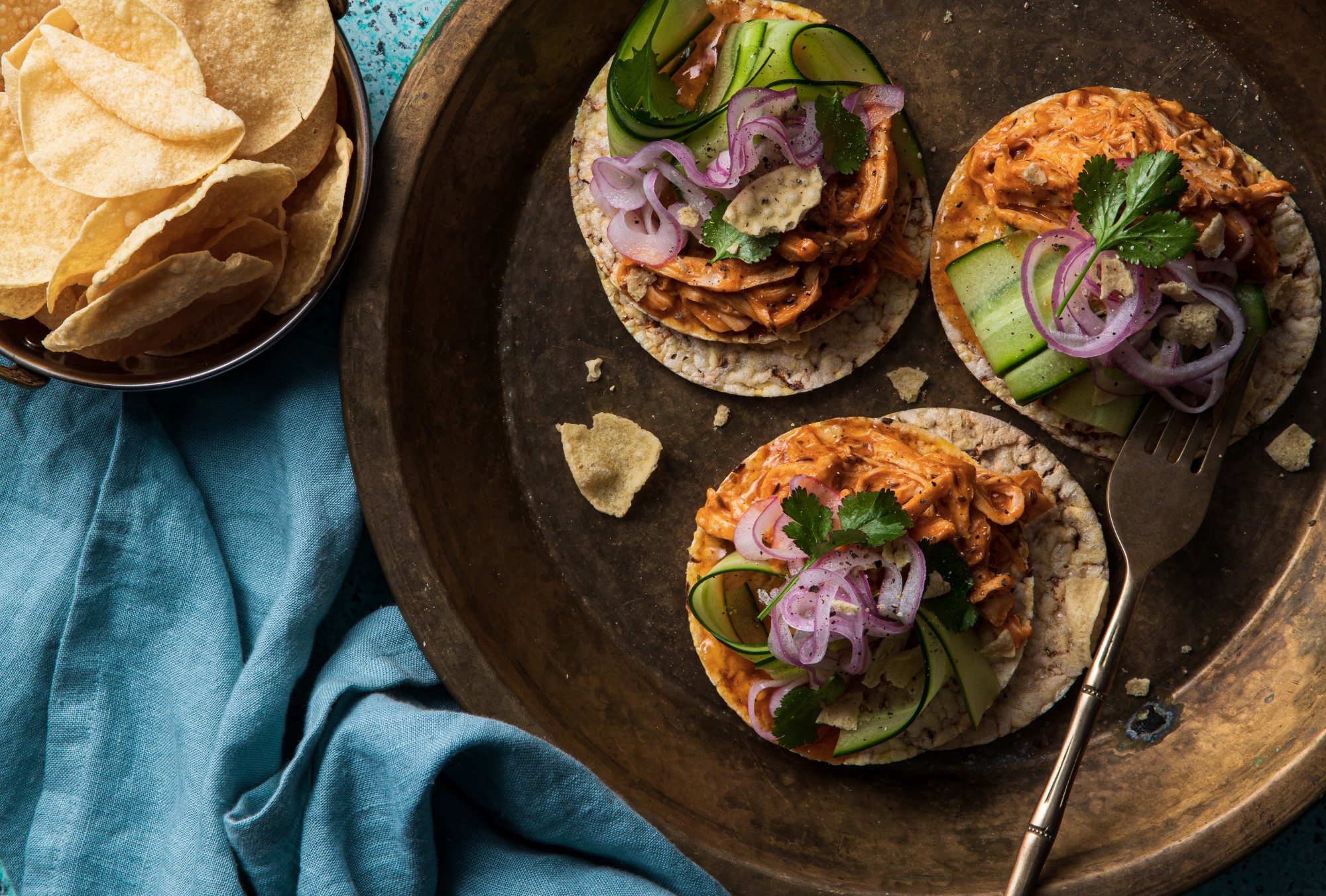 Coronation Chicken, cucumber, pickled onion & Coriander on Corn Thins slices