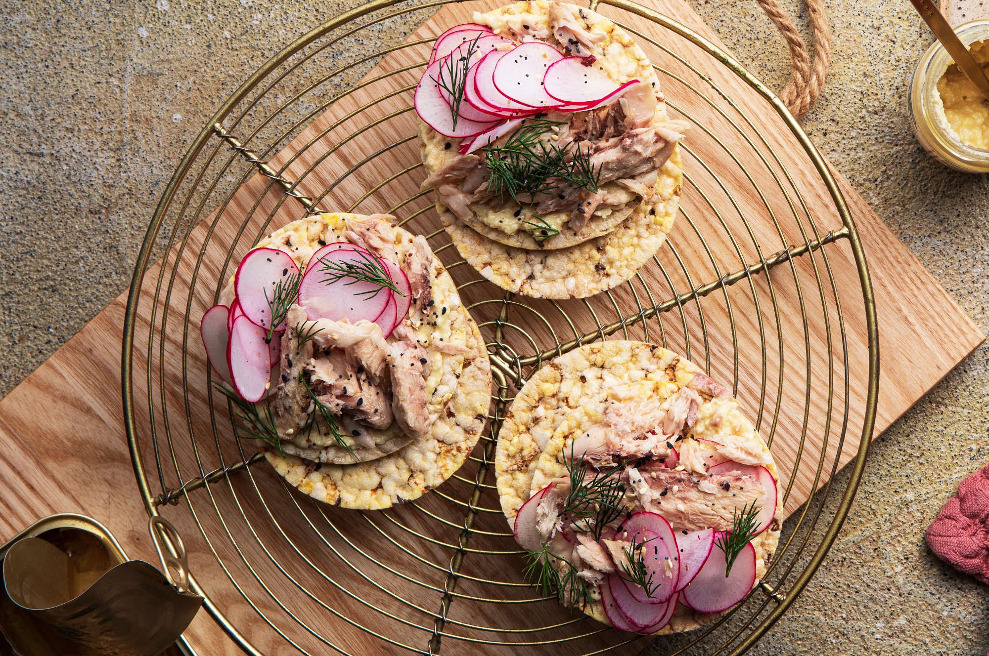 Smoked Mackerel, Horseradish Cream, Radish & Dill on Corn Thins slices