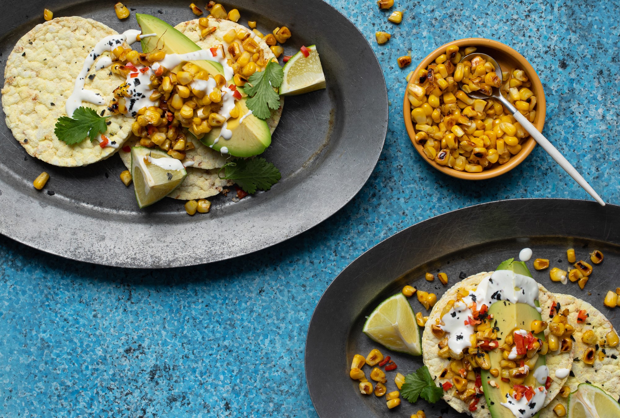 Avocado, Grilled corn, Caesar Dressing & Chilli on Corn Thins slices