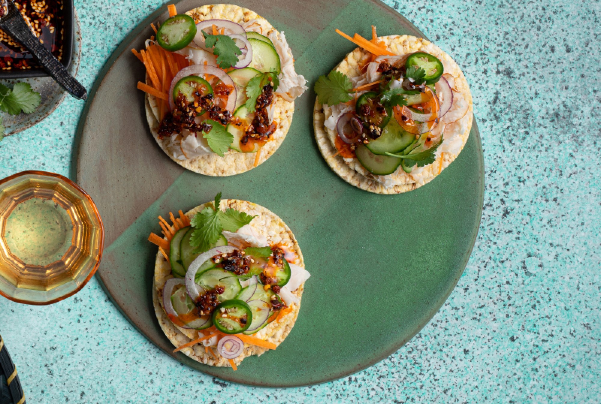 Chicken, Carrot, Cucumber, Red Onion, Jalapeno, Coriander & Chilli on Corn Thins slices