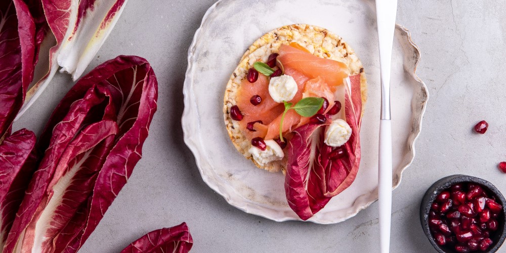 smoked salmon, bocconcini, basil & pomegranate on Corn Thins slices