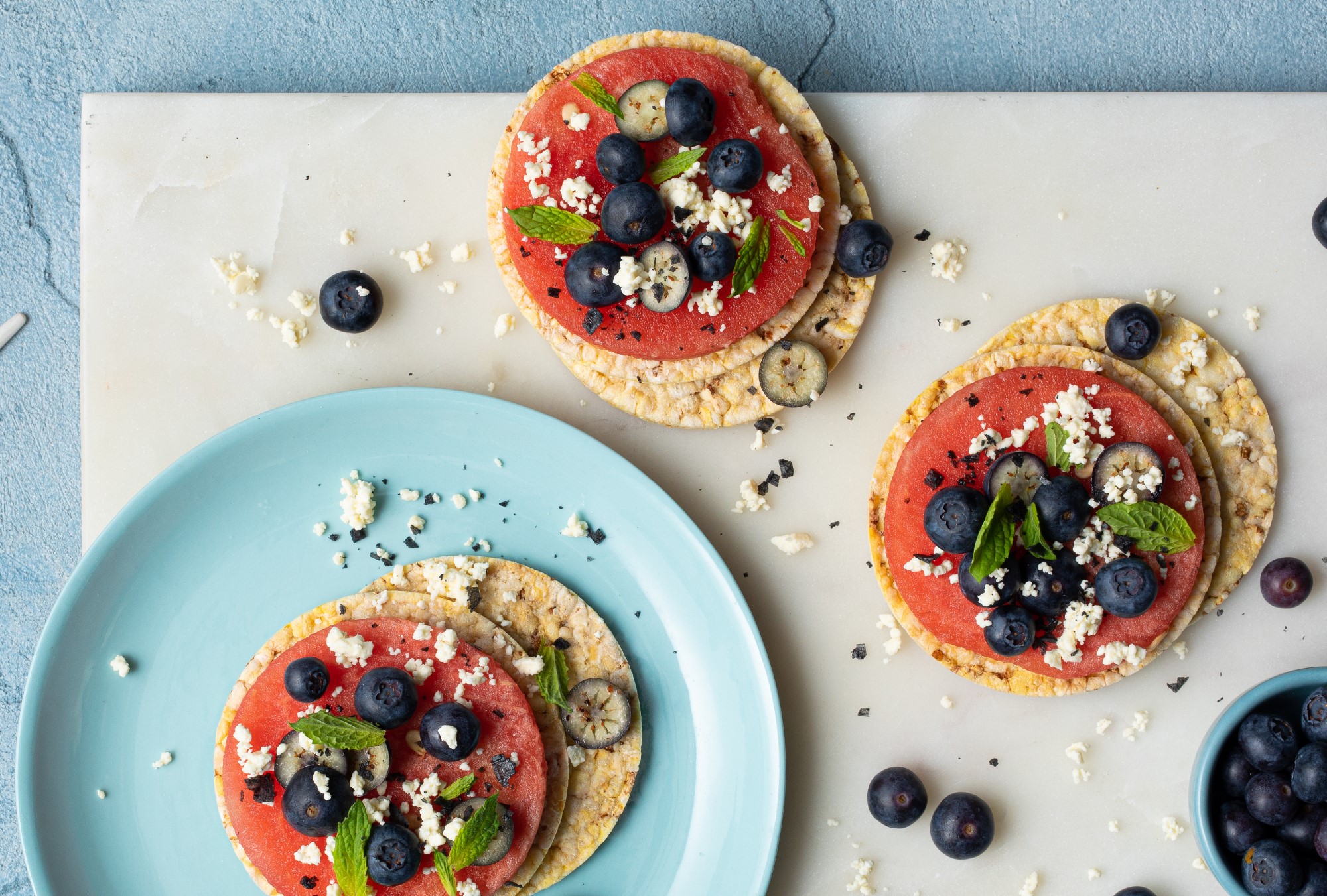 Watermelon, Blueberries, Feta & Mint on Corn Thins slices