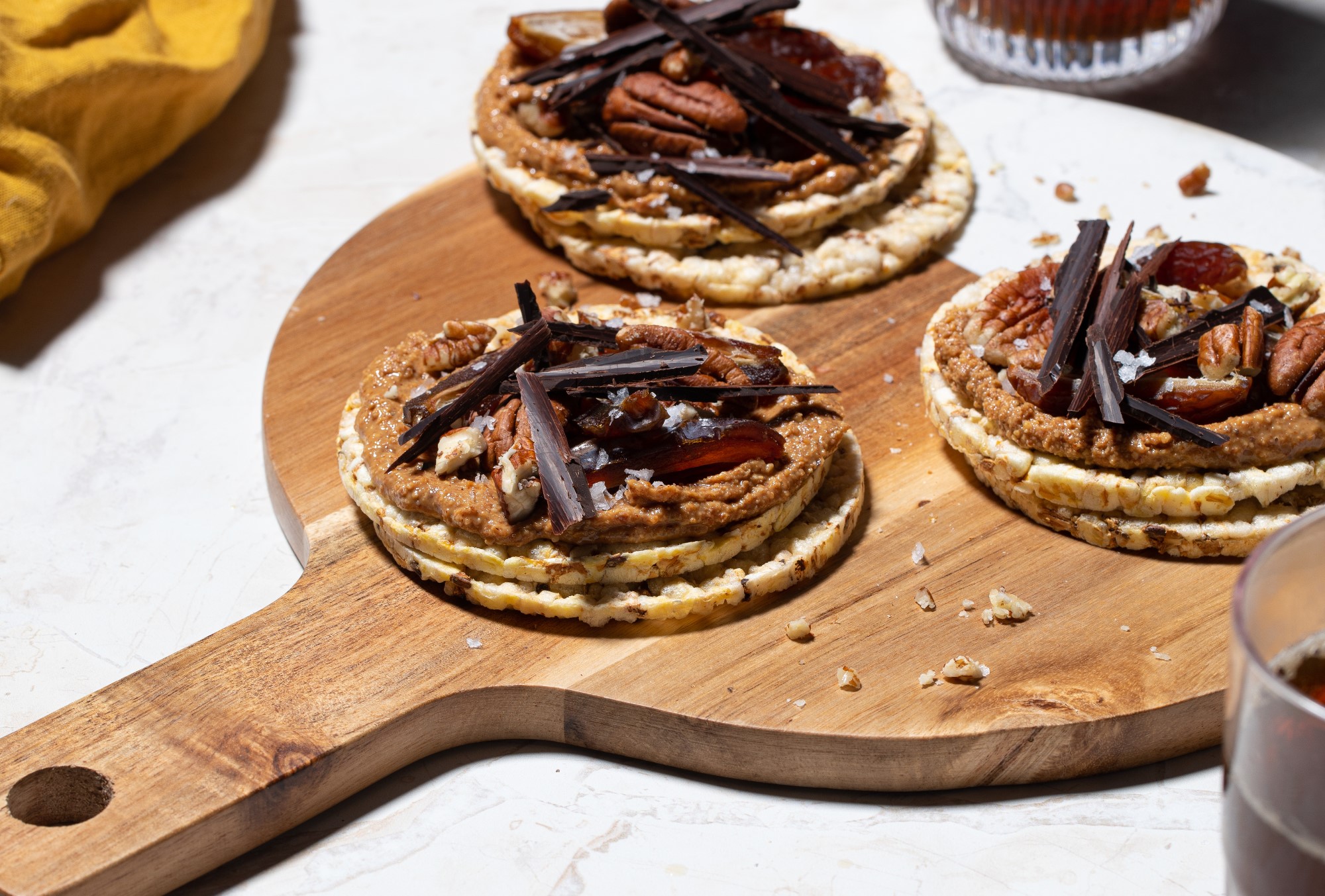 Almond Butter, Medjool Date, Pecan, Dark Chocolate & Sea Salt on Corn Thins slices