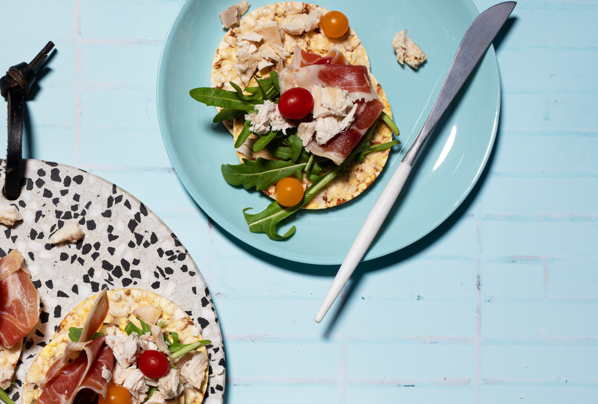 Jamon, Chicken, Rocket & Cherry Tomato on Corn Thins slices