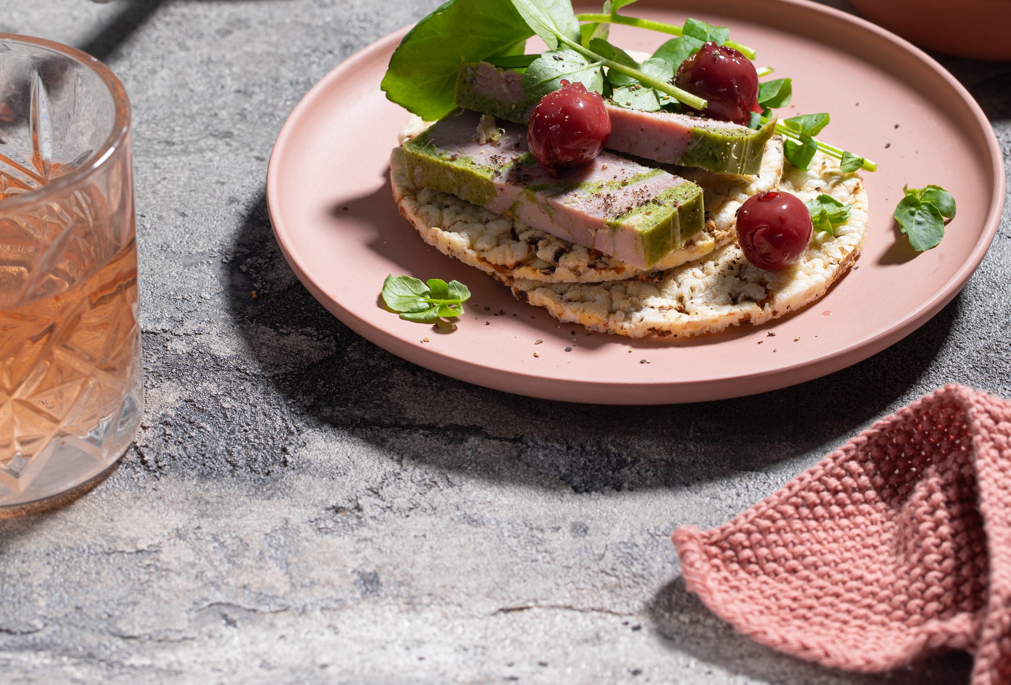 Pork Terrine, Watercress, & Morello Cherry on Corn Thins slices