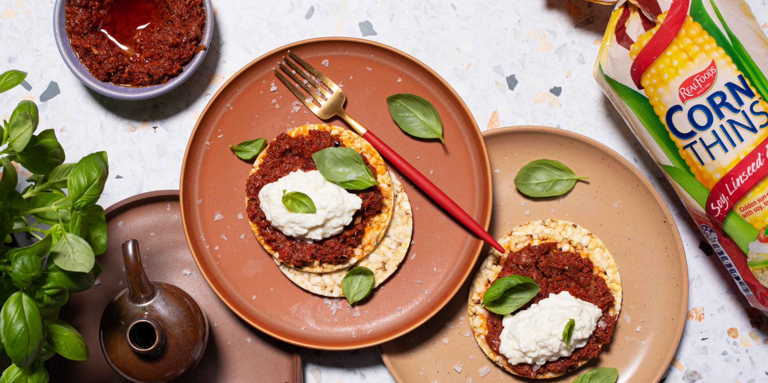 Tomato bruschetta, cottage cheese & basil on Corn Thins slices