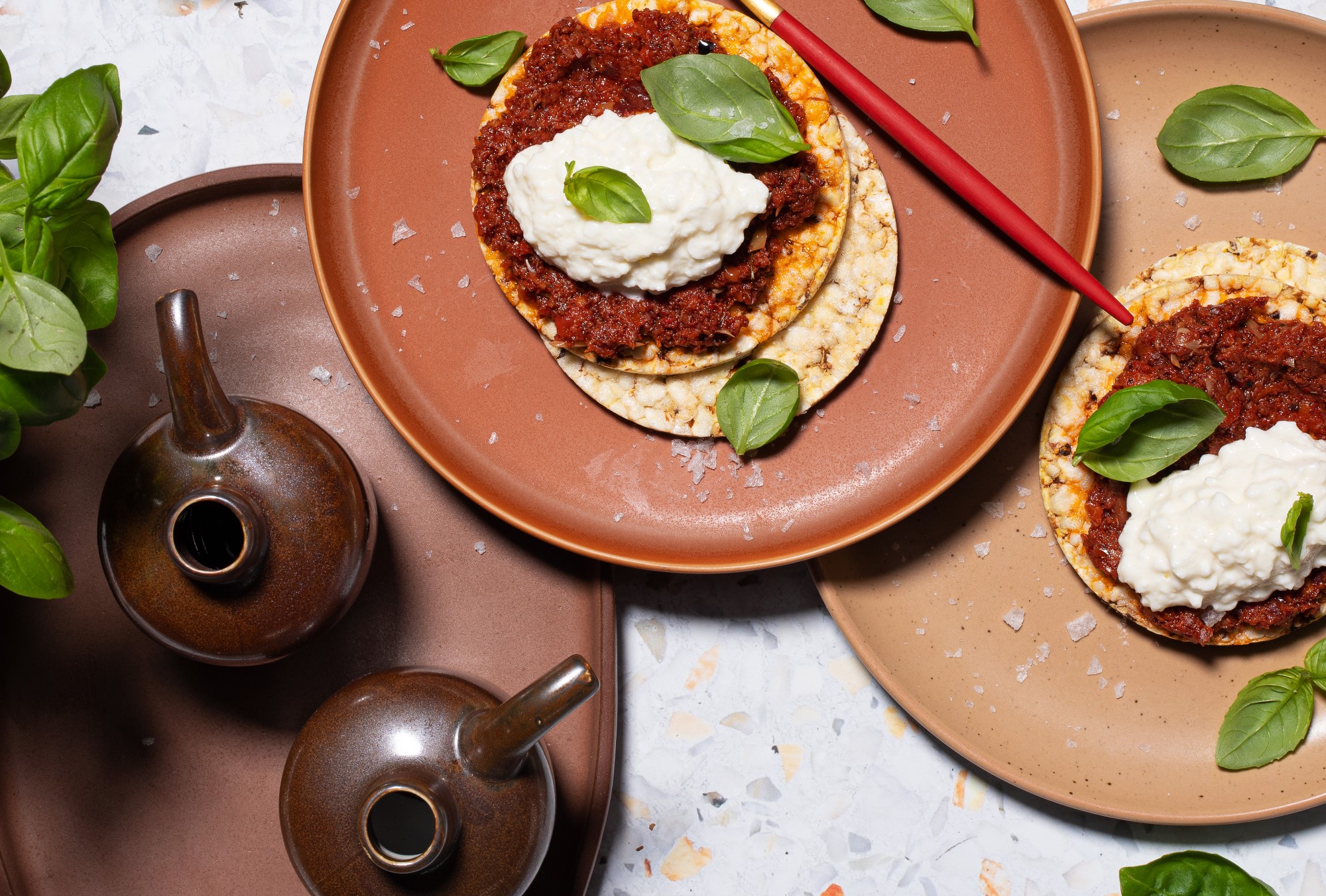 Tomato Bruschetta, Cottage Cheese & Basil on Corn Thins slices