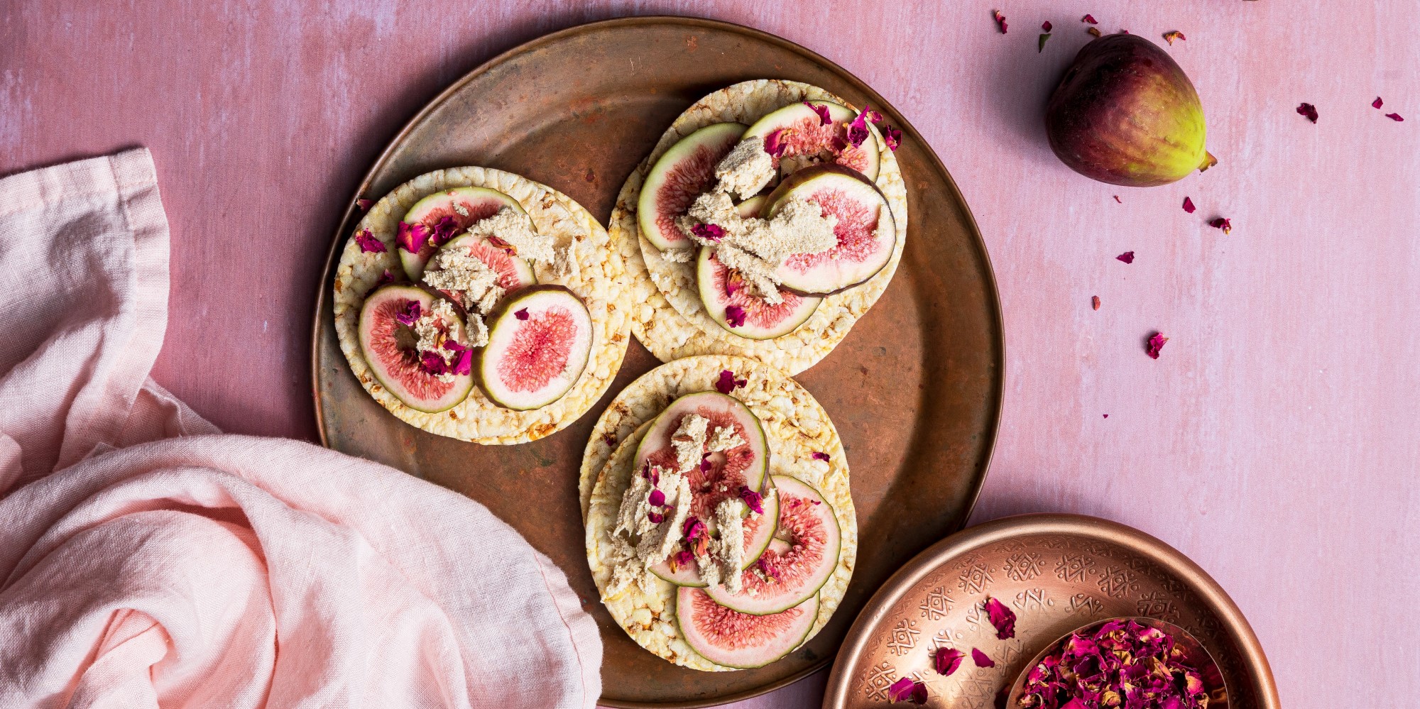 Fig, Halva & Rose Petals on Corn Thins slices