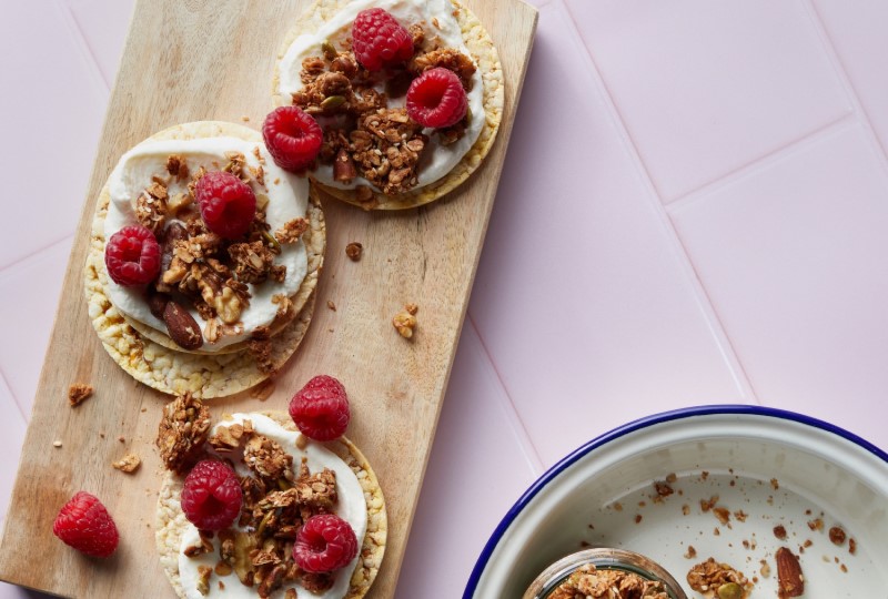 Greek Yoghurt, Granola & Raspberries on Corn Thins slices