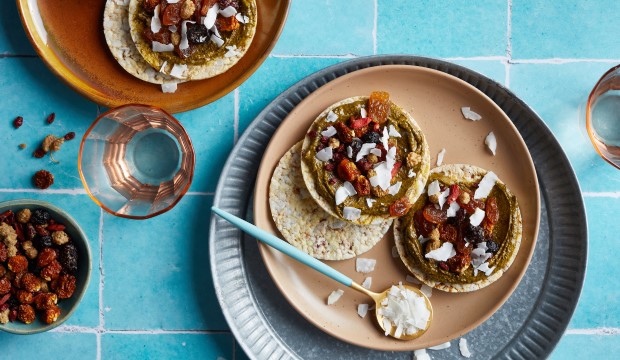 Pistachio butter with dried fruit on Corn Thins slices