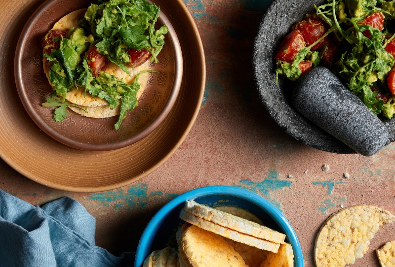 Chunky Guacamole - Avocado, Rocket, Red Onion, Cherry Tomato & Coriander on CORN THINS slices