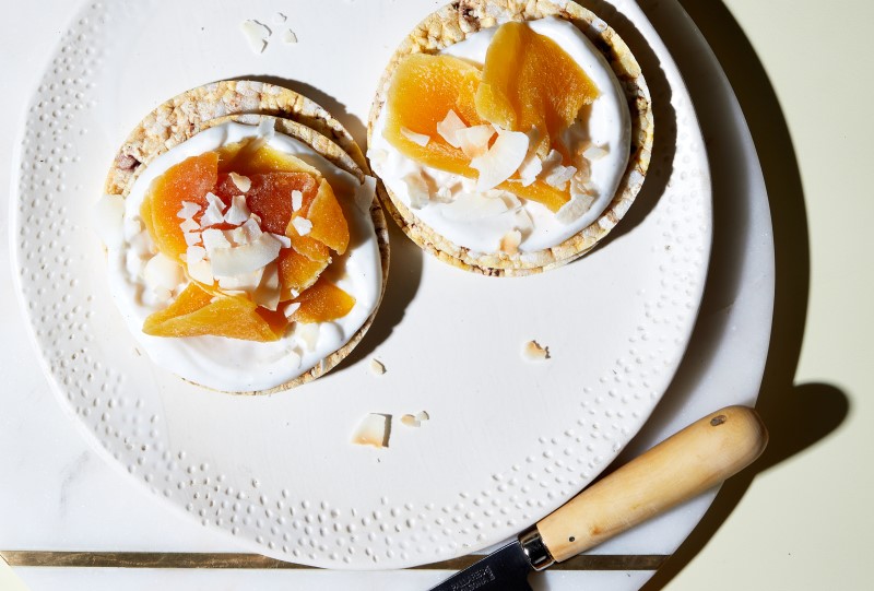 Coconut Yoghurt, Dried Mango & Salted Toasted Coconut on CORN THINS slices