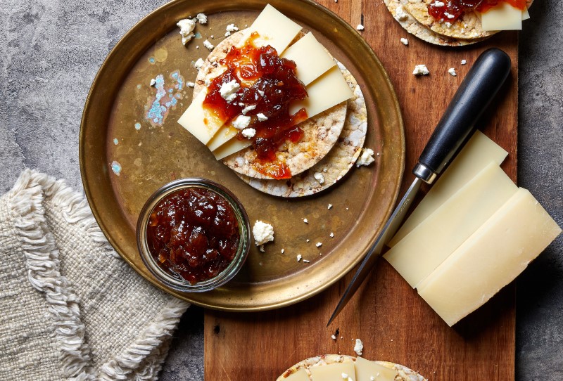 Gruyere, Caramelised Onion & Feta on Corn Thins slices