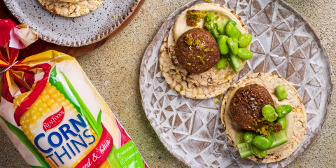 Hommus, falafel, cucumber, broad beans on Corn Thins slices