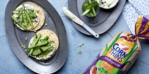 Spring onion dip, cucumber & spring onion on Corn Thins slices