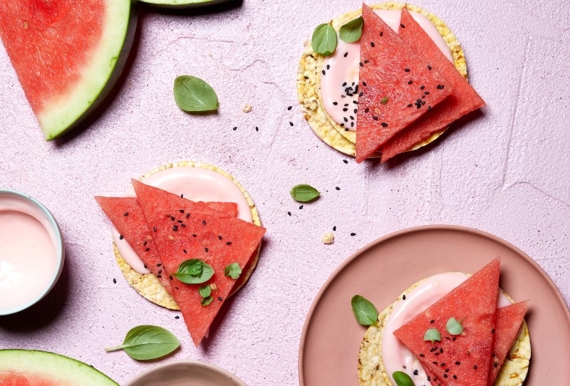 Strawberry Protein Custard & Watermelon on Corn Thins slices