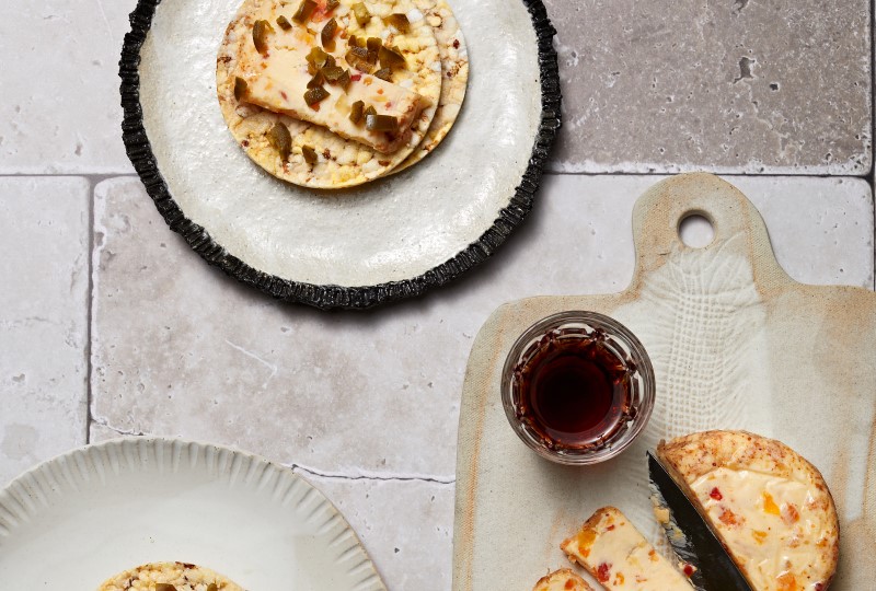 Almond & Apricot Cheese with Pickled Jalapeno on Corn Thins slices