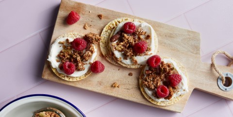 Goats Cheese, blackberry, pistachio on Corn Thins slices