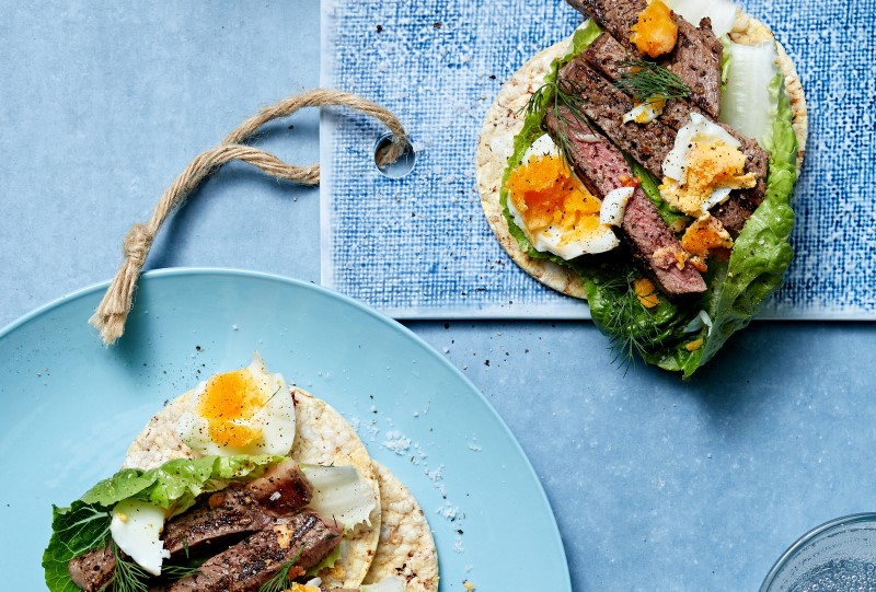 Pepper Steak, Boiled Egg, Gem Lettuce & Lemon Dill Dressing on Corn Thins slices