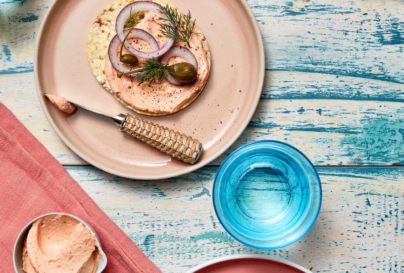 Salmon Dip, Red Onion, Caperberries & Dill on Corn Thins slices