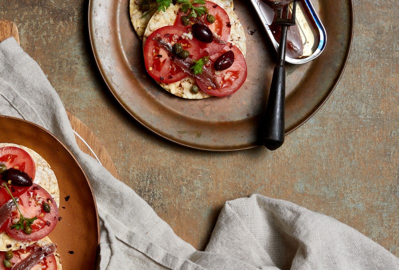 Tomato, Garlic, Capers, Anchovy & Parsley on Corn Thins slices