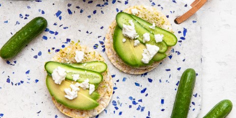 Alfalfa, cucumber, avocado & goats cheese on Corn Thins slices