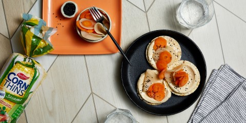 hommus and pickled veggies on Corn Thins slices