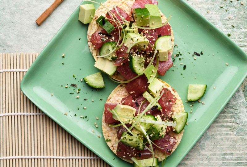 Poke with Tuna, Avocado, Cucumber, Spring Onion & Furikake on Corn Thins slices