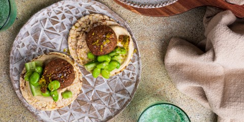 Hommus, falafel, cucumber, broad beans on Corn Thins slices