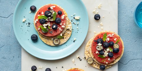 Watermelon, blueberry, feta & mint on Corn Thins slices