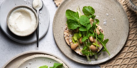 Garlic dip, celery, rocket & bean salad on Corn Thins slices