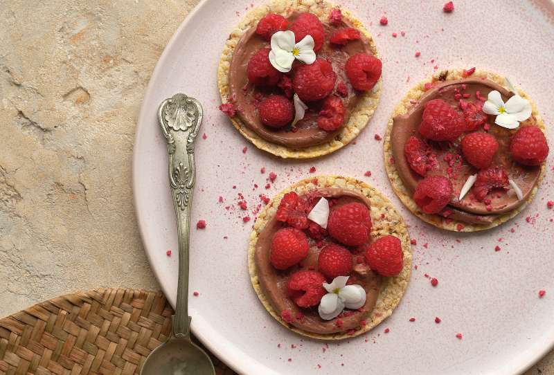 Ricotta Chocolate Pudding & Raspberries on Corn Thins slices