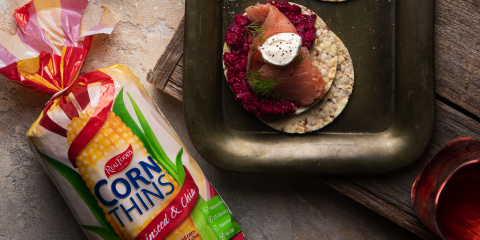 Roasted beetroot dip, smoked salmon, horseradish, creme fraiche & dill on Corn Thins slices