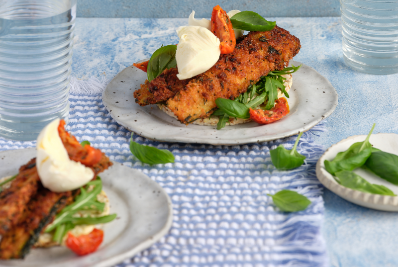 Zucchini Schnitzel, Rocket, Bocconcini, Sundried Tomato & Basil with Corn Thins slices