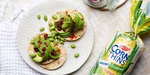 Avocado, Edamame & Chili Oil on Corn Thins slices