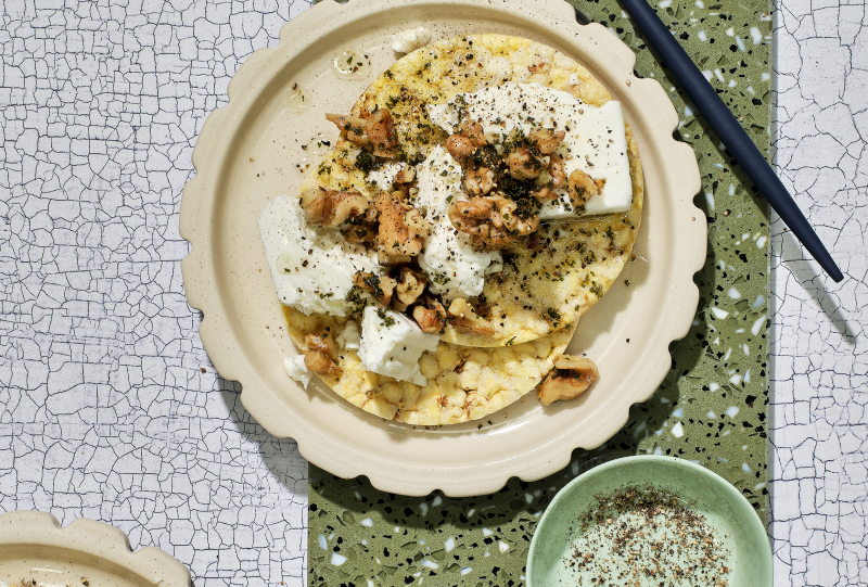 Feta, Mint & Walnuts on Corn Thins slices