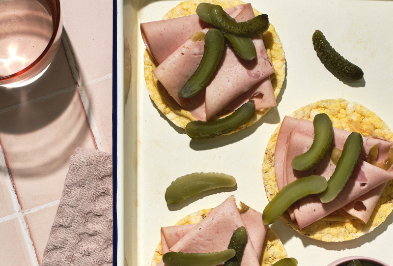 Dijon Mustard, Mortadella & Cornichons on Corn Thins slices