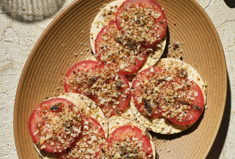 Tomato, Garlic Corn Thins Crumbs & Anchovy on Corn Thins Slices
