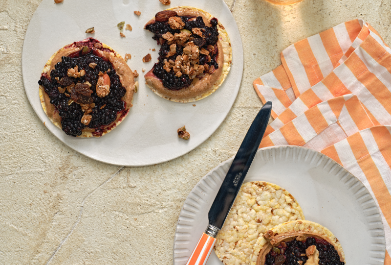 Almond Butter, Smashed Blackberries & Granola on Corn Thins slices