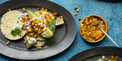 Avocado wedges, grilled corn, Caesar dressing & chilli on Corn Thins slices