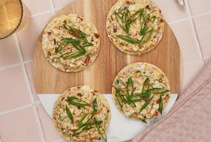 Egg, Plant Based Bacon, Spring Onion, Mayo & Paprika  on Corn Thins slices