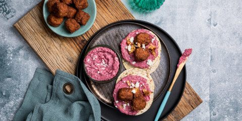 Beetroot Hommus, Veggie Bites & Feta on Corn Thins slices