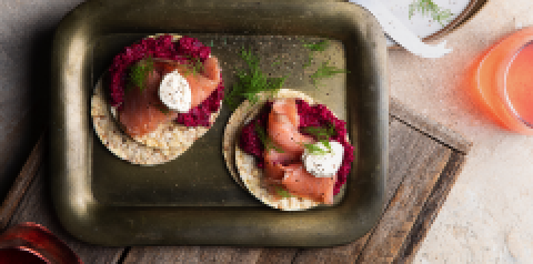 Roasted beetroot dip, smoked salmon, horseradish, creme fraiche & dill on Corn Thins slices
